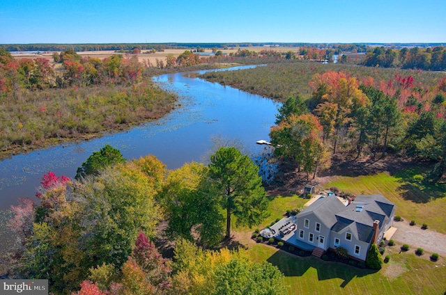 drone / aerial view featuring a water view