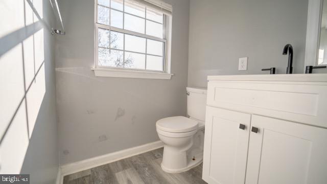 bathroom with hardwood / wood-style floors, vanity, and toilet