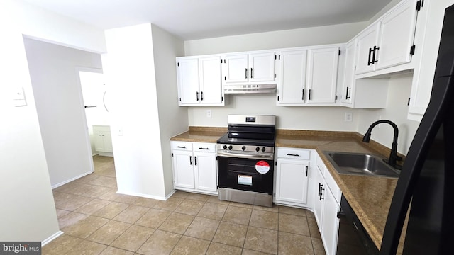 kitchen with white cabinetry, stainless steel range, sink, black dishwasher, and light tile patterned flooring