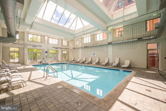 view of pool with a skylight