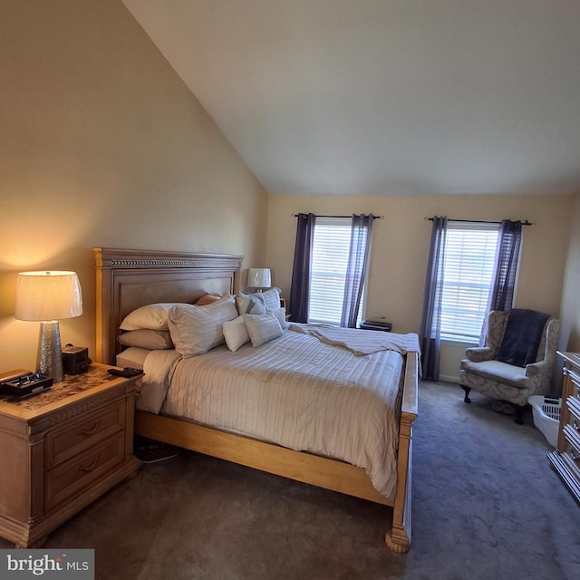 carpeted bedroom with lofted ceiling