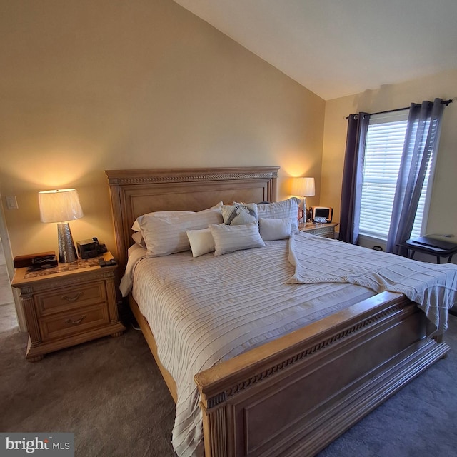 carpeted bedroom featuring lofted ceiling