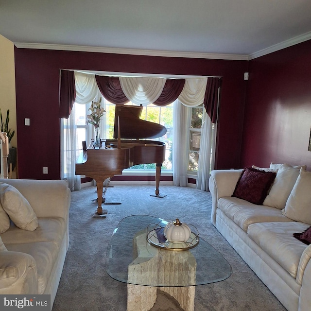 living room with ornamental molding and carpet