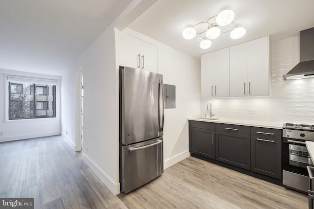 kitchen with decorative backsplash, sink, white cabinetry, light wood-type flooring, and appliances with stainless steel finishes