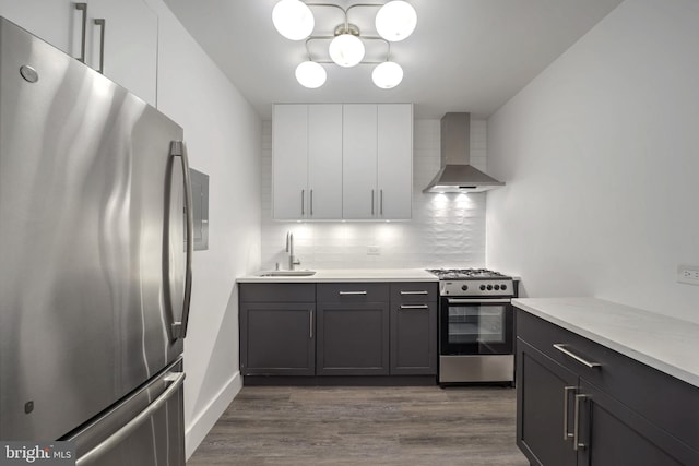 kitchen with dark hardwood / wood-style floors, wall chimney range hood, sink, stainless steel appliances, and white cabinets