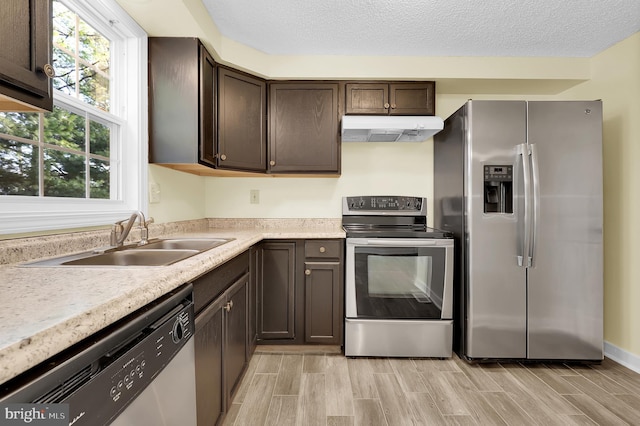 kitchen featuring dark brown cabinetry, sink, stainless steel appliances, and light wood-type flooring