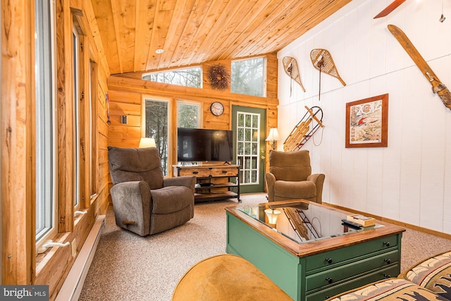 living area with carpet flooring, wooden walls, baseboard heating, and wooden ceiling