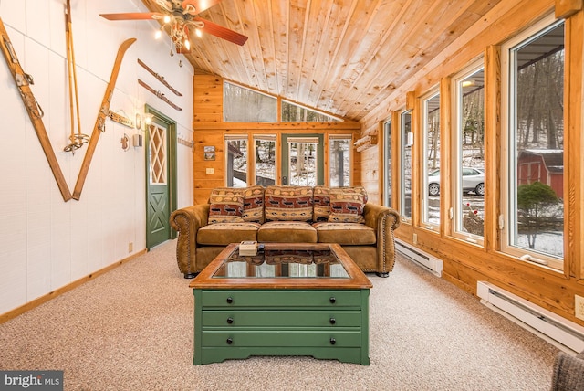 living room featuring ceiling fan, light colored carpet, wood ceiling, and a baseboard radiator