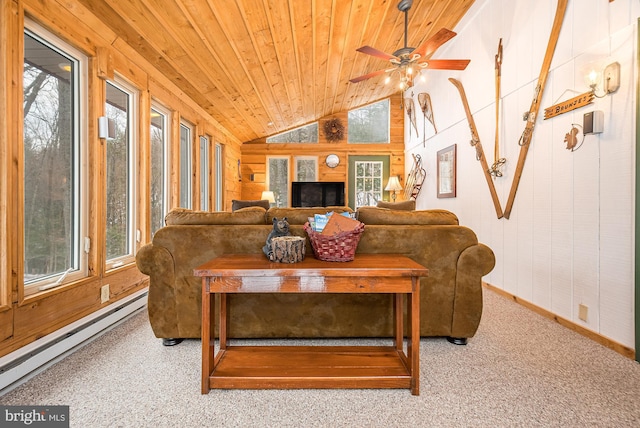 carpeted living room featuring wood walls, wooden ceiling, lofted ceiling, ceiling fan, and a baseboard radiator