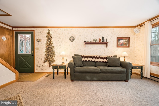 living room featuring carpet and ornamental molding