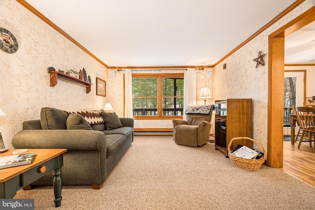 living room featuring wood-type flooring, crown molding, and a baseboard heating unit