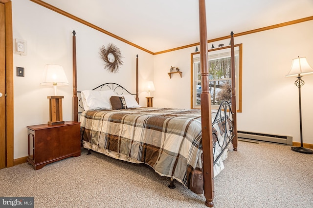 carpeted bedroom featuring crown molding and a baseboard radiator