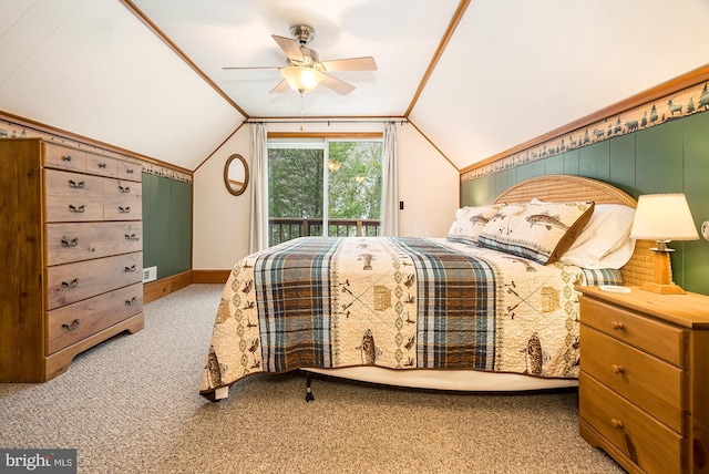 carpeted bedroom with access to outside, ceiling fan, and lofted ceiling