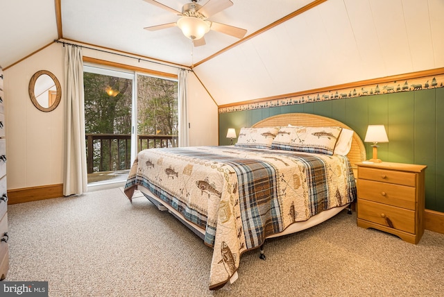 bedroom featuring carpet, ceiling fan, lofted ceiling, and access to outside