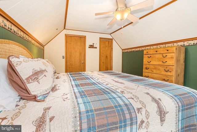 bedroom featuring ceiling fan and lofted ceiling