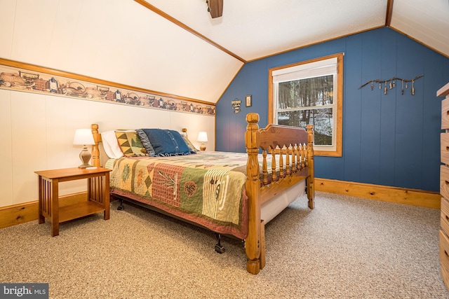 bedroom with ceiling fan, carpet, and lofted ceiling