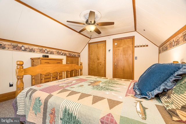 bedroom with carpet, ceiling fan, lofted ceiling, and crown molding