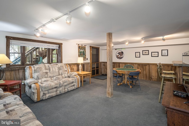 living room featuring wood walls, track lighting, and dark colored carpet