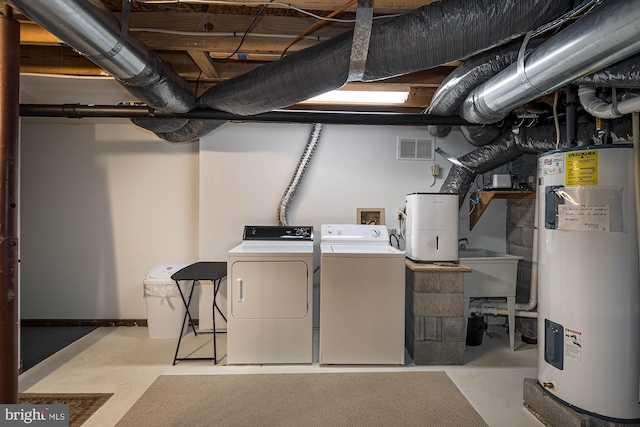 laundry room featuring washing machine and clothes dryer, electric water heater, and sink