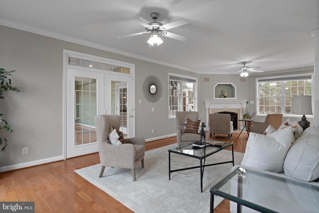 living area featuring a healthy amount of sunlight, light wood-style floors, a fireplace, and french doors