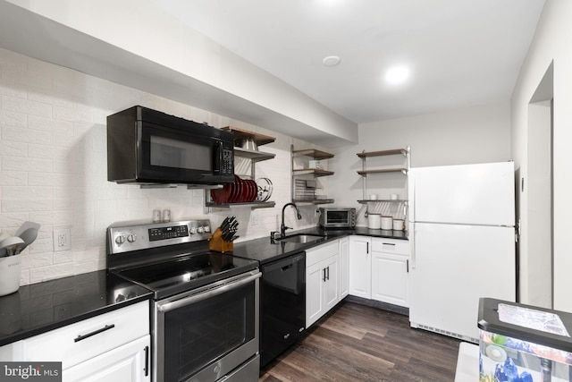 kitchen featuring black appliances, white cabinets, sink, dark hardwood / wood-style floors, and decorative backsplash