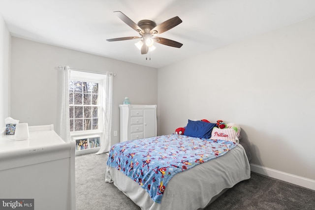 bedroom with dark colored carpet and ceiling fan