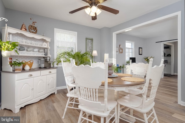 dining room featuring ceiling fan and light hardwood / wood-style floors