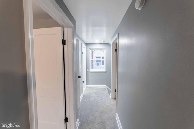 hallway featuring light colored carpet