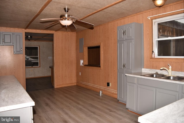 kitchen featuring wood-type flooring, gray cabinets, wooden walls, and sink