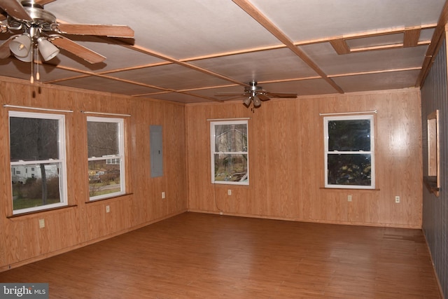 spare room with hardwood / wood-style flooring, electric panel, wooden walls, and coffered ceiling