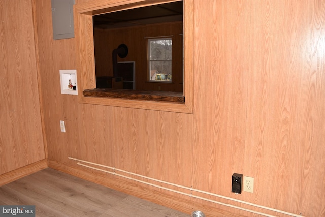 interior details featuring hardwood / wood-style floors, electric panel, and wooden walls