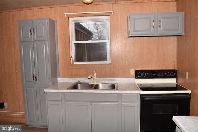 kitchen featuring electric range, wood walls, gray cabinets, and sink