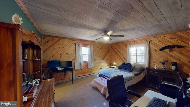 carpeted bedroom with ceiling fan, a baseboard radiator, wooden ceiling, and wood walls