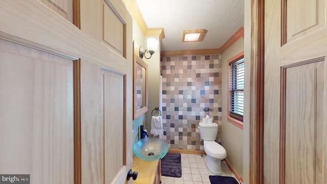 bathroom featuring a textured ceiling, toilet, ornamental molding, and sink