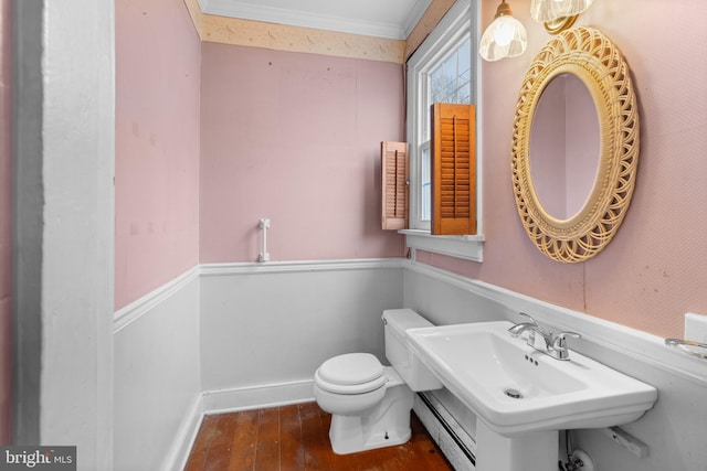 bathroom featuring wood-type flooring, toilet, ornamental molding, and sink