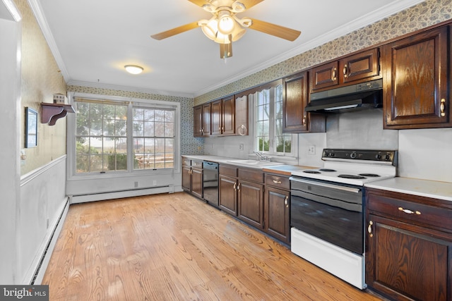 kitchen with electric range, light hardwood / wood-style flooring, a baseboard heating unit, and crown molding