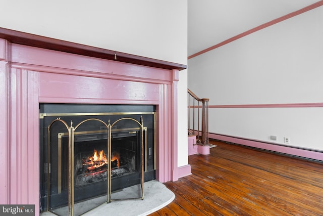 details featuring crown molding, wood-type flooring, and a baseboard heating unit