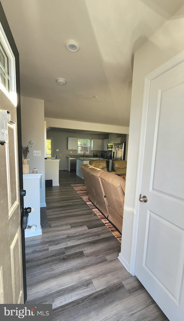 hallway featuring sink and dark hardwood / wood-style floors