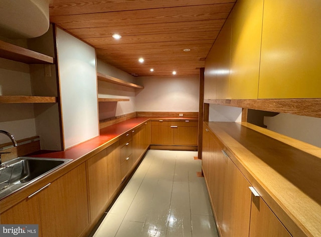 kitchen featuring wood ceiling and sink