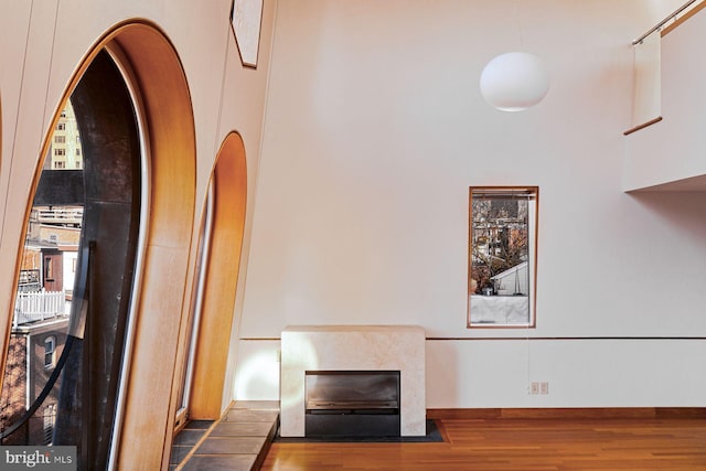 interior space with wood-type flooring and a fireplace