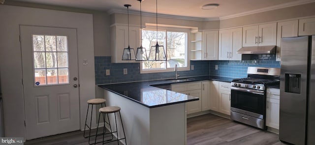 kitchen featuring kitchen peninsula, white cabinetry, sink, and stainless steel appliances