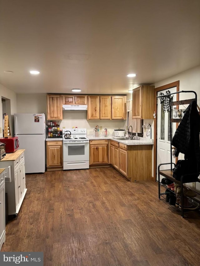 kitchen featuring dark hardwood / wood-style floors, sink, and white appliances