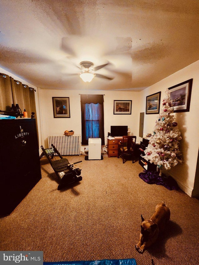 interior space featuring ceiling fan, radiator heating unit, and a textured ceiling