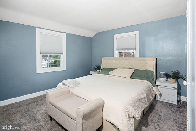 bedroom featuring carpet and vaulted ceiling