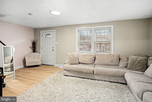 living room with light hardwood / wood-style flooring and a textured ceiling