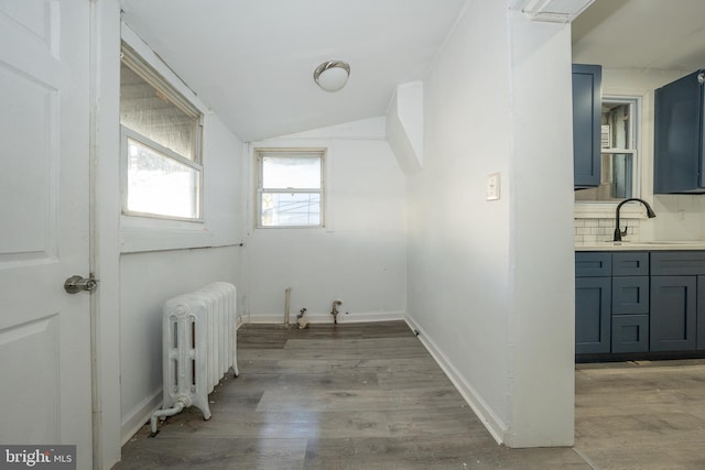 washroom with light hardwood / wood-style floors, radiator, and sink