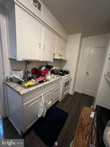 kitchen featuring white cabinets, high end stove, and dark wood-type flooring