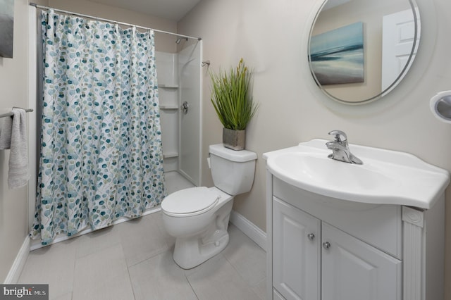 bathroom with tile patterned floors, vanity, toilet, and a shower with shower curtain