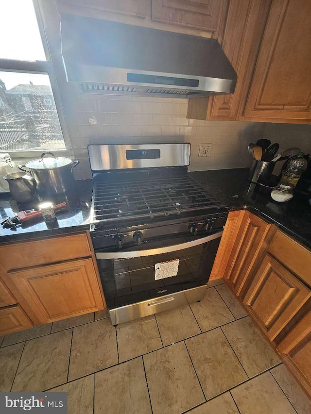 kitchen featuring gas stove, backsplash, and exhaust hood