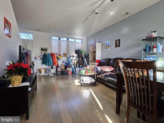 living room featuring hardwood / wood-style floors and track lighting